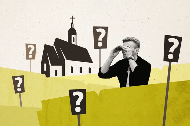 Man zoekt zijn weg in een landschap van vraagtekens met een kerk op de achtergrond. Kerk zoeken, kerkscheuring, kerk scheiden.