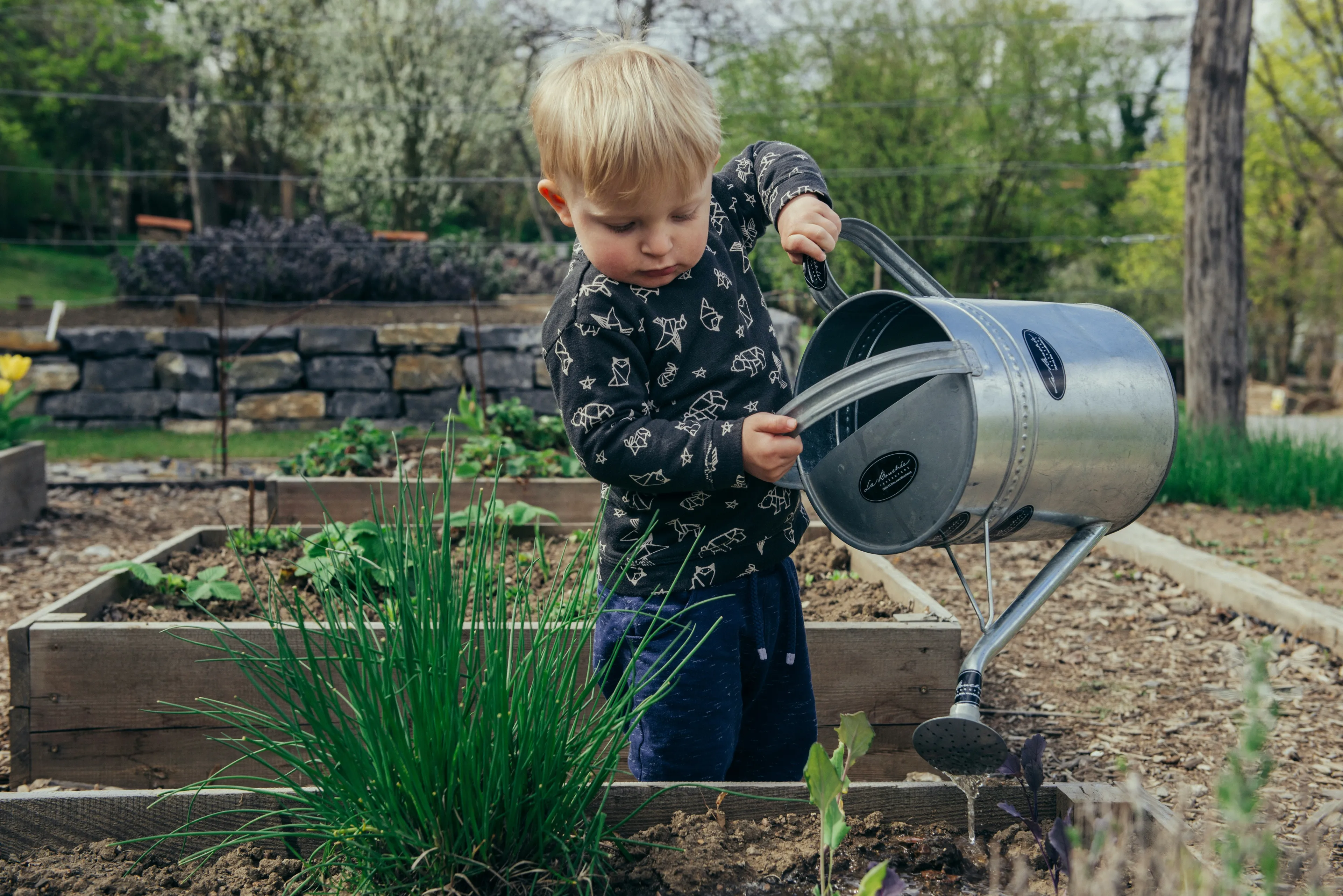 Kind werkt met gieter in tuin tuinieren