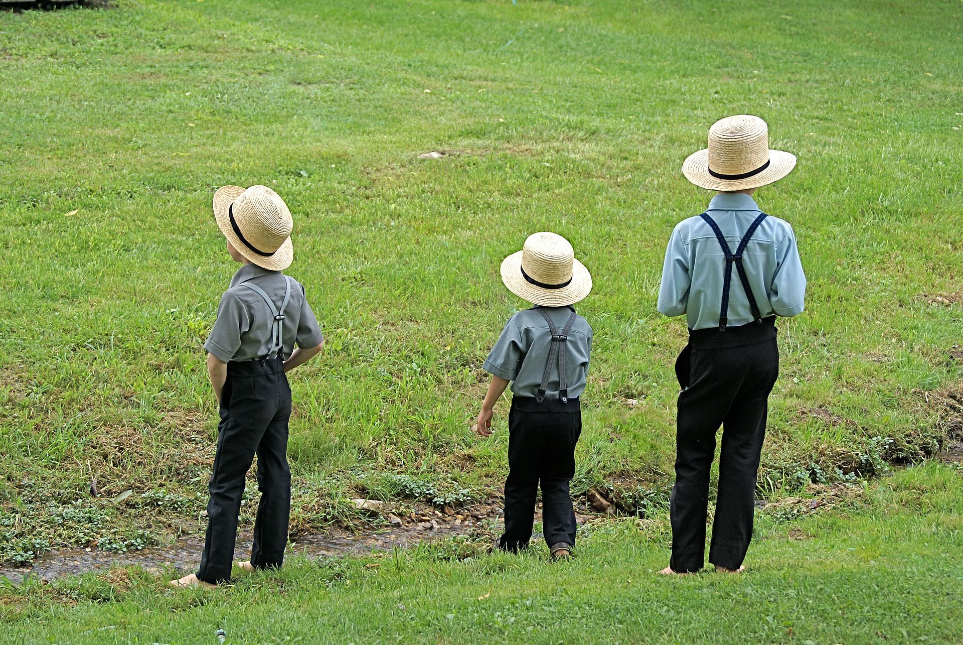 drie amish jongetjes met hoed