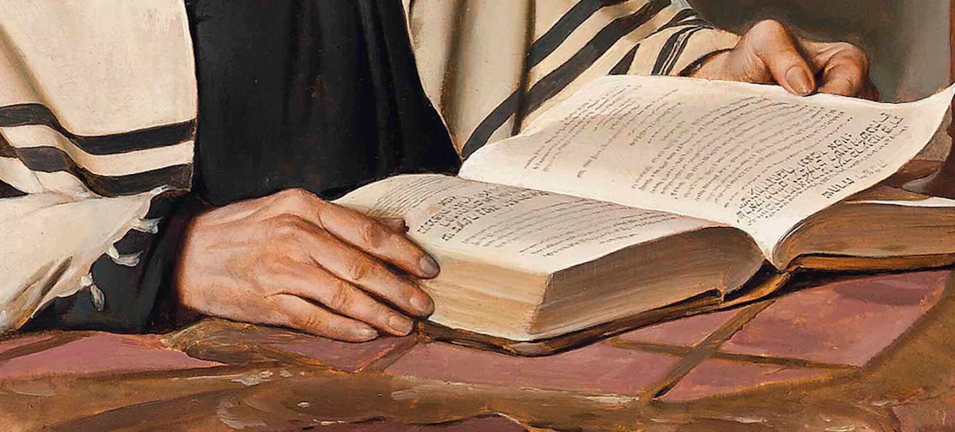 Lezende rabbi schilderij uitsnede handen