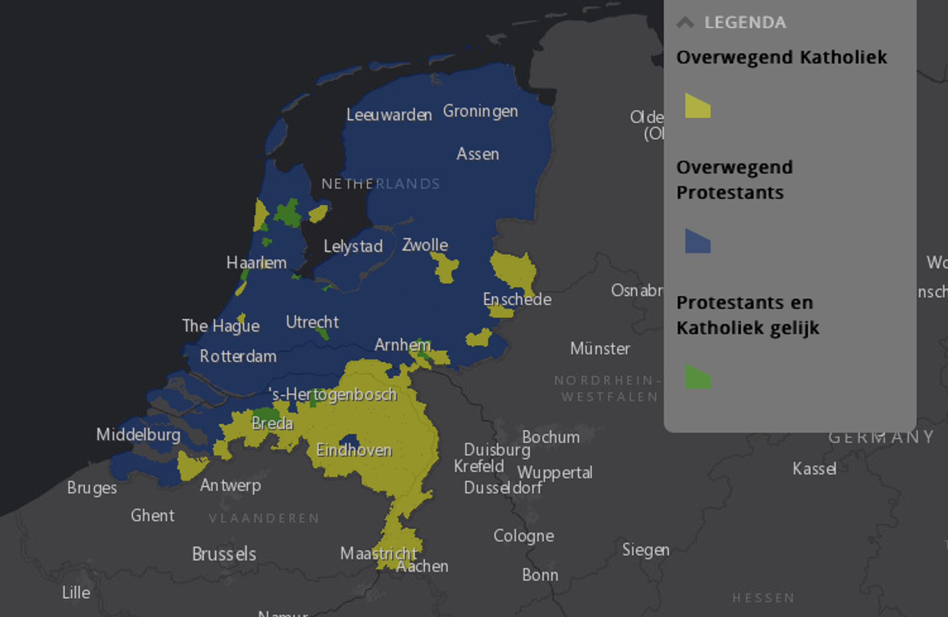 Overwegend katholieke en protestante gebieden Nederland.