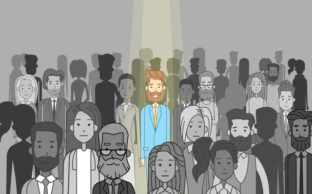 Een illustratie van een man die een gele spotlight op zich heeft staan. Hij staat midden in een zwart-witte menigte van mensen en is zelf ingekleurd.